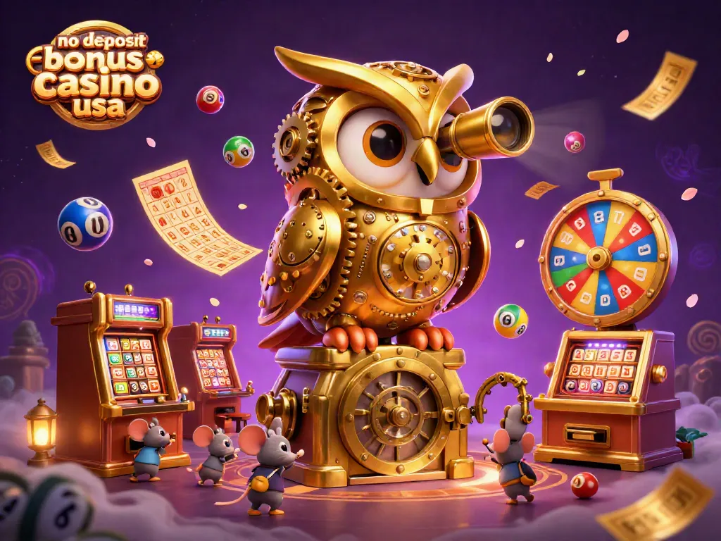 Experience thrilling gameplay with the no deposit bonus casino usa as a golden owl surveys the colorful excitement of a casino.