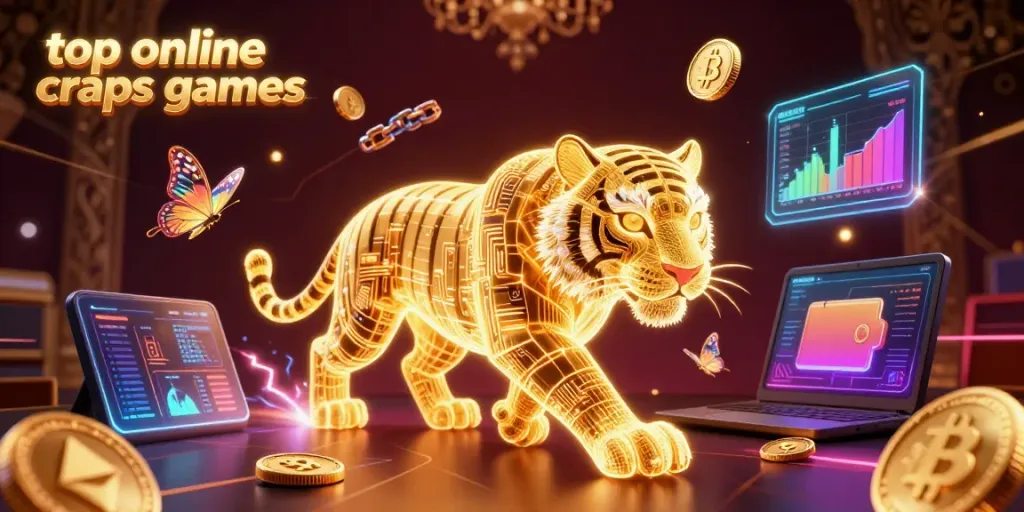 Experience the excitement of top online craps games with glowing cryptocurrency elements and a golden tiger.