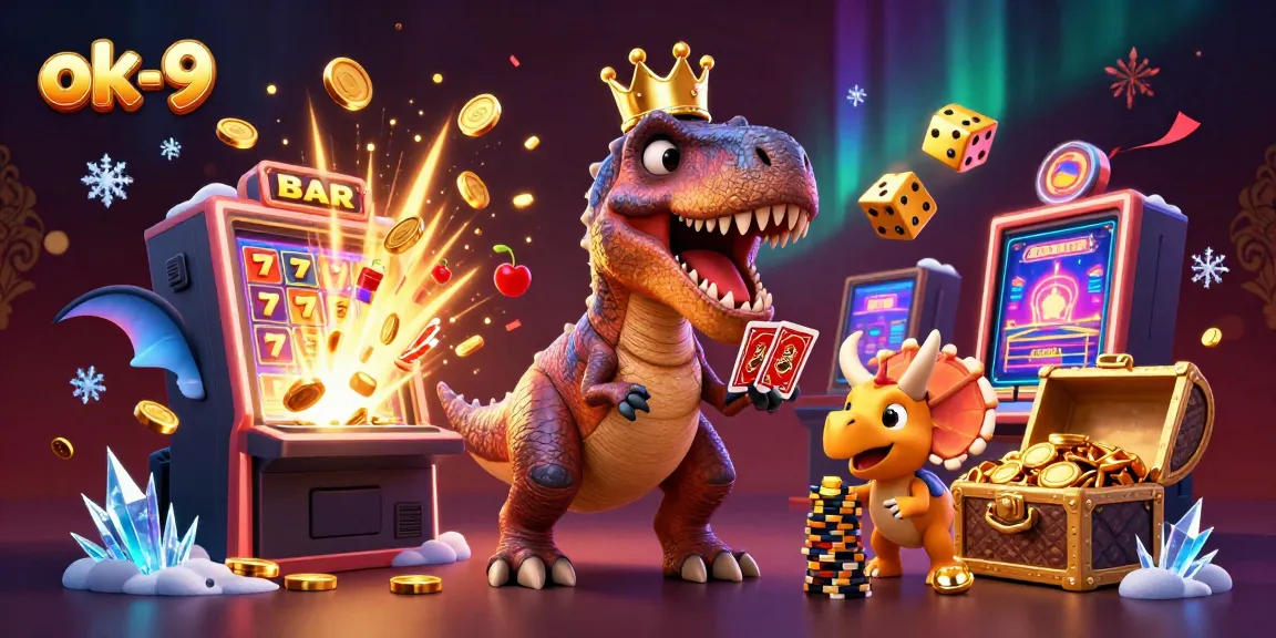 Engage in high-stakes gambling at ok-9 with a T-Rex and friends in a vibrant casino scene.