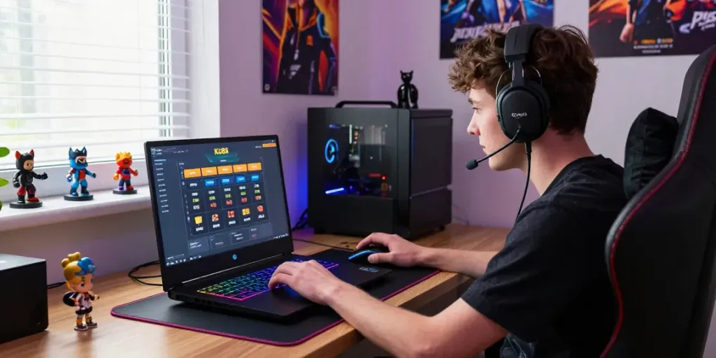 Intense gaming atmosphere at home with KU88 interface visible on laptop for online betting.