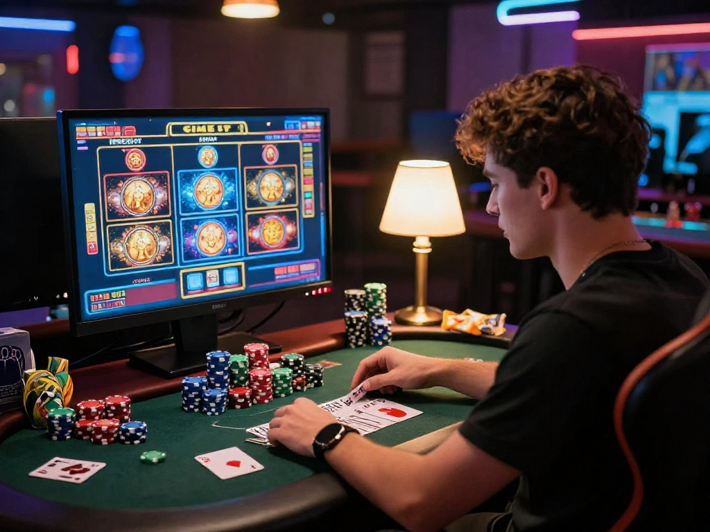 Giocatrice immersa nel casinò online non AAMS con giochi e fiches colorate.