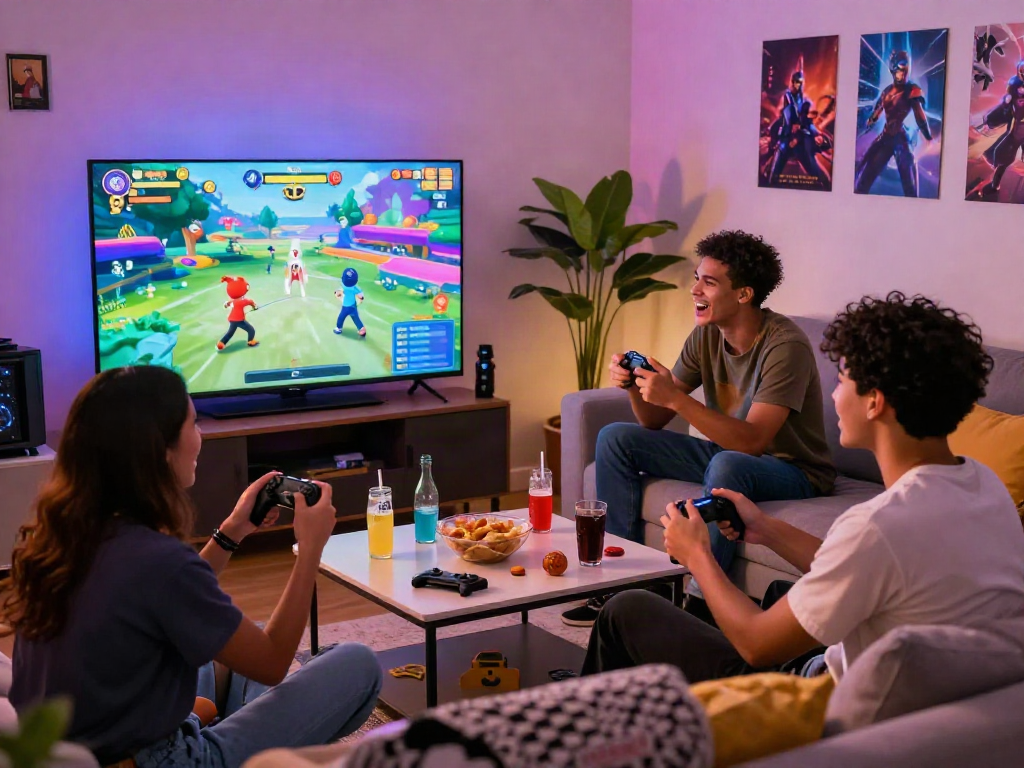Friends enjoying a fun sex game night in a cozy living room with snacks and gaming setup