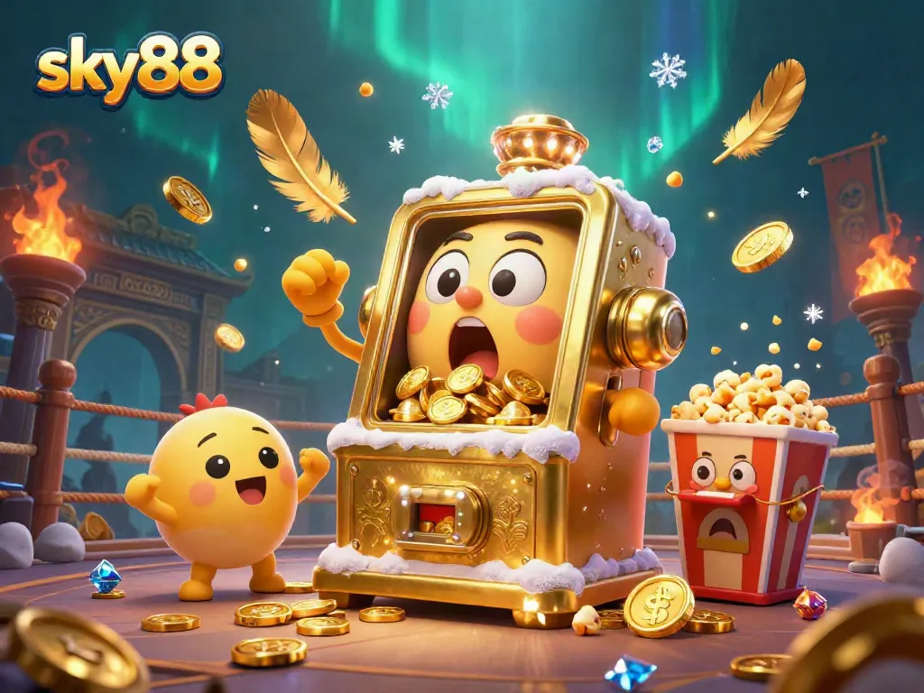 Sky88 slot machine hitting a jackpot, surrounded by coins, cheering characters, and casino elements.