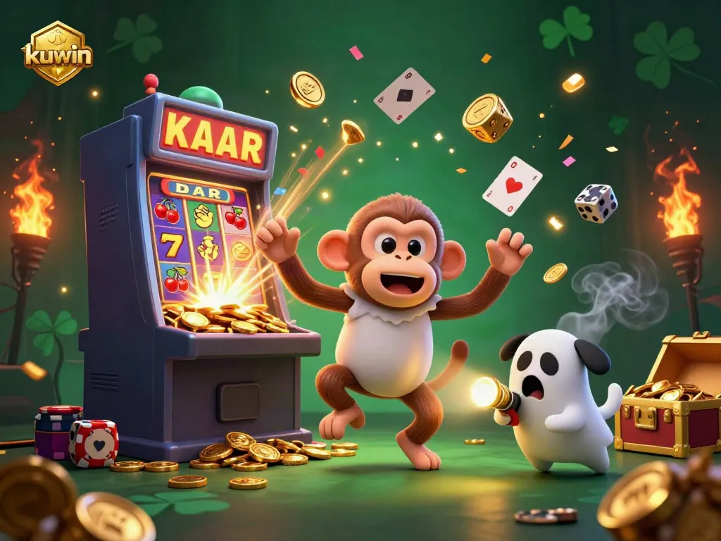 Kuwin's mischievous monkey and ghost-hunter puppy create a magical casino ambiance with golden coins and jackpots.