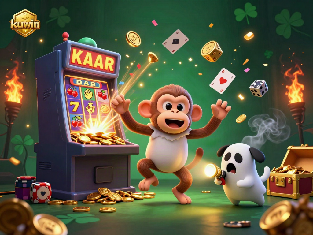 Kuwin's mischievous monkey and ghost-hunter puppy create a magical casino ambiance with golden coins and jackpots.
