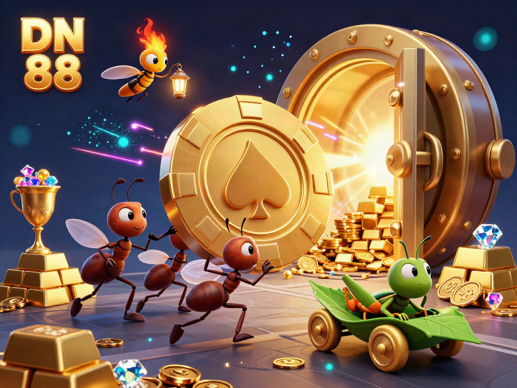 Team of ants navigating a casino heist with giant poker chip, showcasing DN 88 gaming atmosphere.