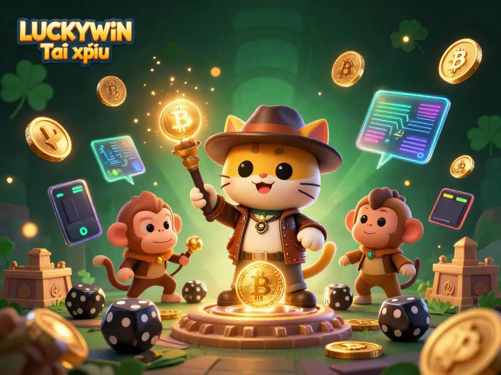 Engage in thrilling LUCKYWIN Tài xỉu gaming with an illustrated scene showcasing a cat explorer and monkey companion discovering riches.