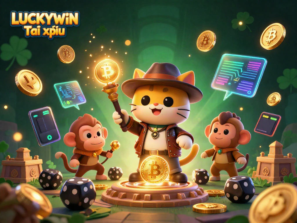 Engage in thrilling LUCKYWIN Tài xỉu gaming with an illustrated scene showcasing a cat explorer and monkey companion discovering riches.