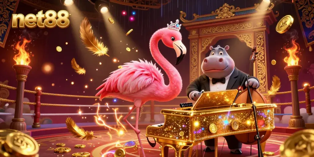 Experience lively entertainment at net88 with a flamingo singer and hippo bassist in a lavish 3D casino illustration.