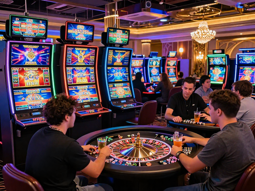 Scena vivace in un casinò online non AAMS, giocatori immersi in slot machine interattive e tavoli da roulette, atmosfera di gioia e attesa.