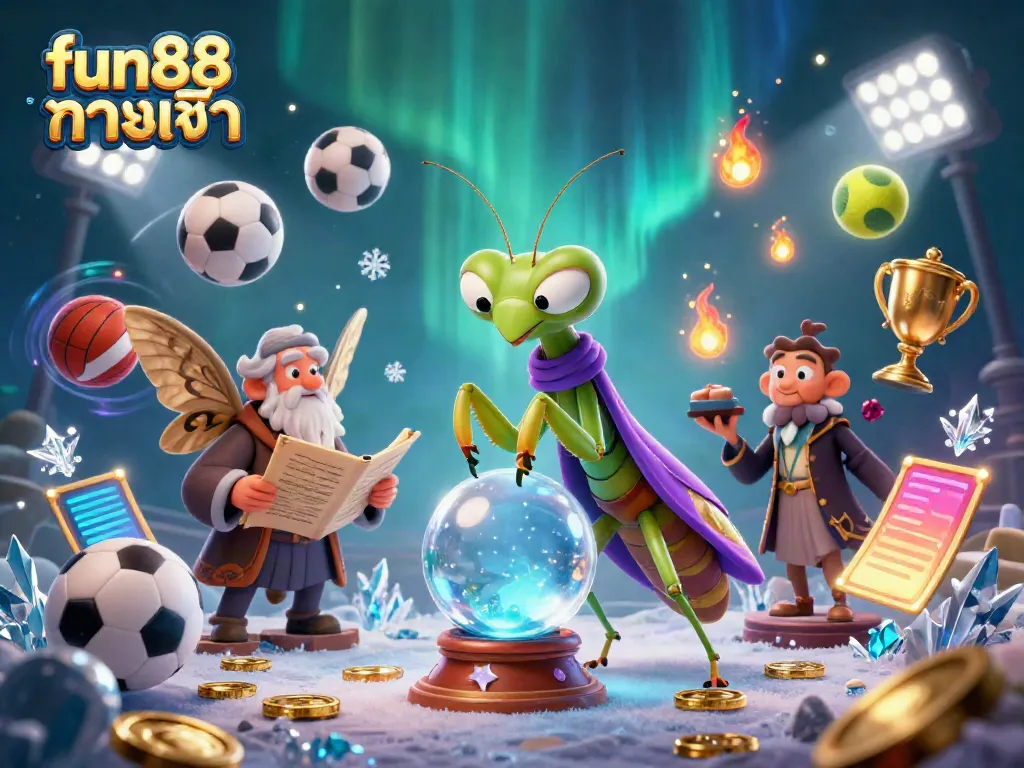 Engage in fun88 ทางเข้า with a vibrant scene showcasing a praying mantis fortune teller and sports elements.