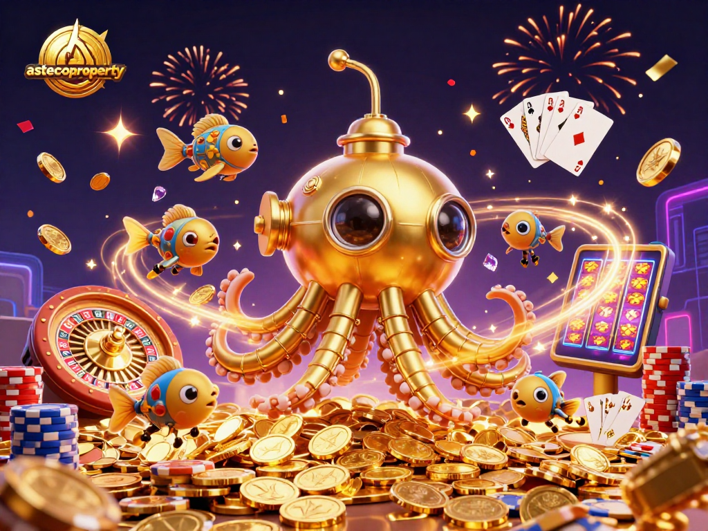 Experience the thrill of gambling with astecoproperty's golden kraken submarine amidst celebrating winnings.