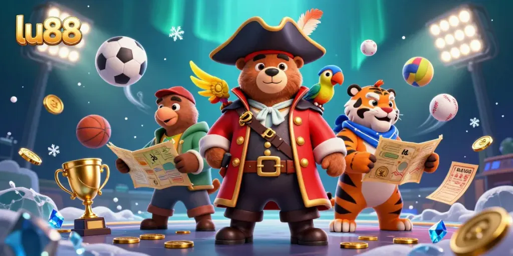 Engage in thrilling games at lu88 with a vibrant 3D scene of a pirate bear captain, tiger first mate, and sports elements.