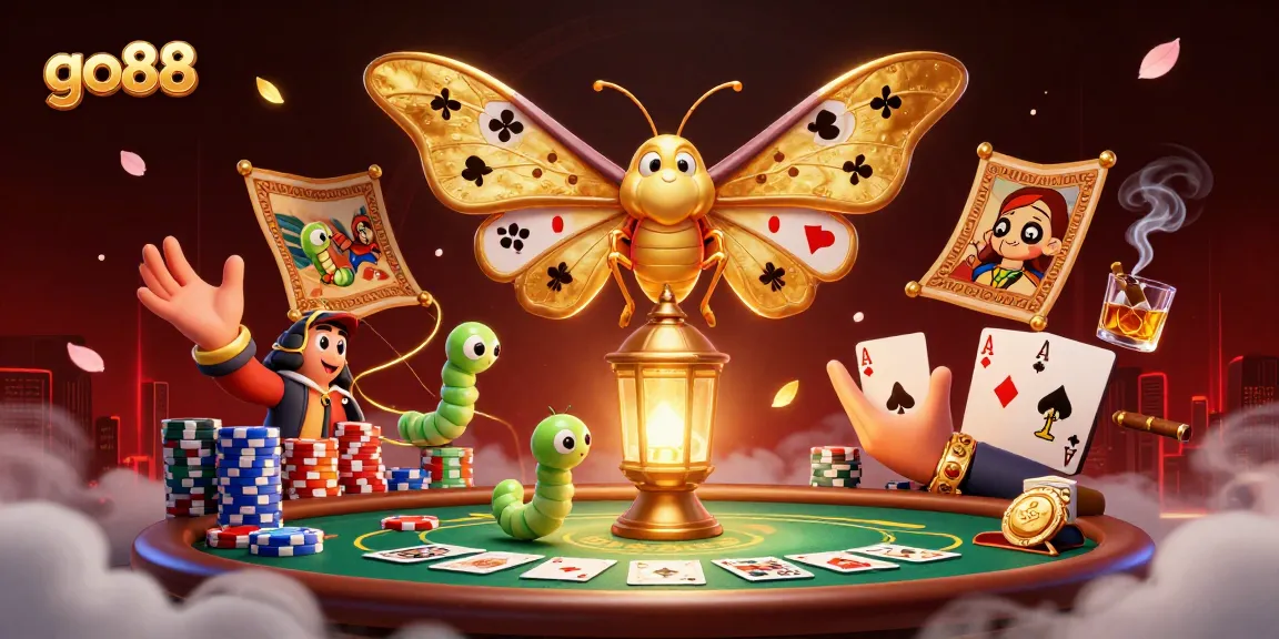 Experience the glamour of go88 with a cartoon moth and poker scene illuminating the night.