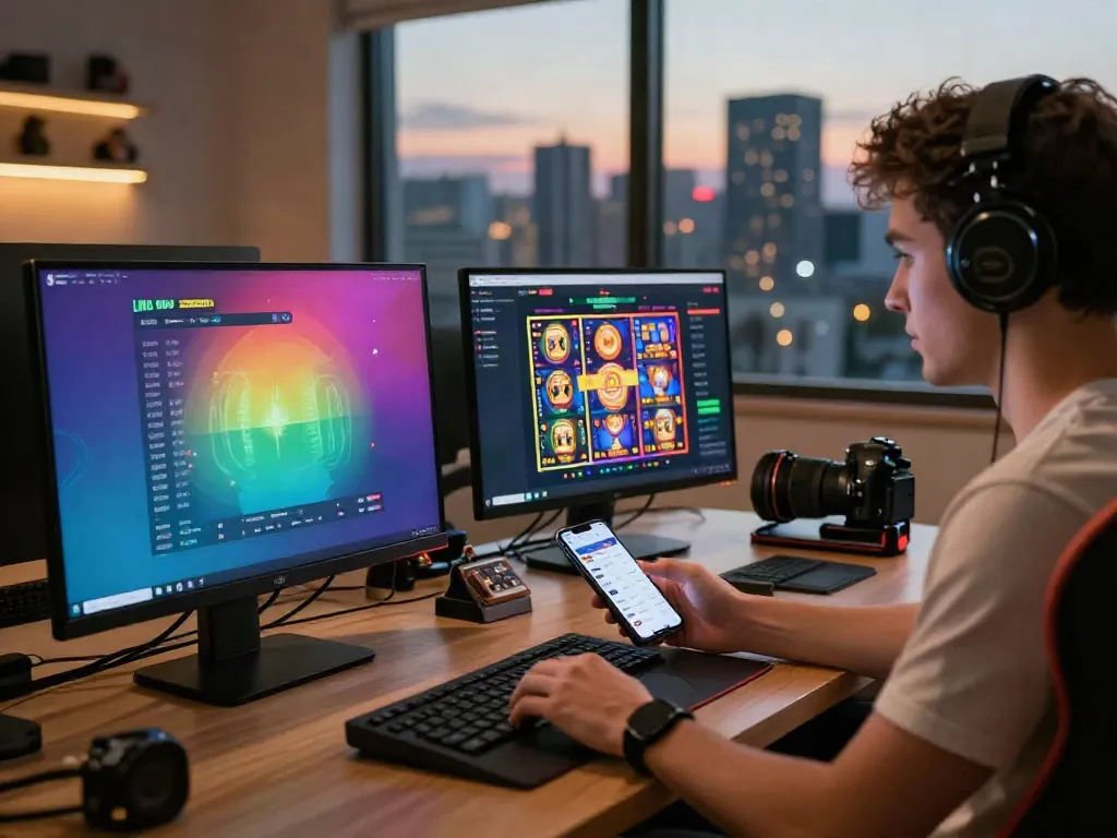 Engaged user exploring DA88 online betting platform on mobile app and computer screens at night.