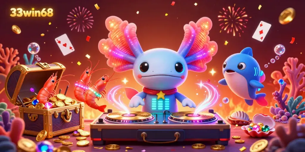 Experience a vibrant casino atmosphere with 33win68 while enjoying lively animated characters and treasure-filled scenes.
