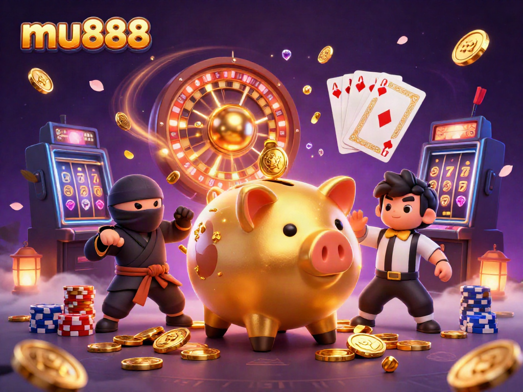 Experience dynamic betting action with mu888's massive golden piggy bank sumo wrestler amidst flying coins and lively game elements.