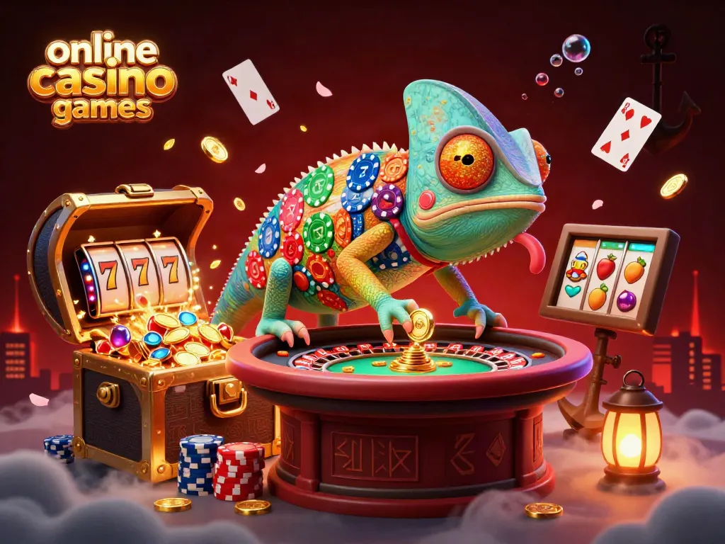 Engaging scene of online casino games with a chameleon owner and dynamic gaming elements