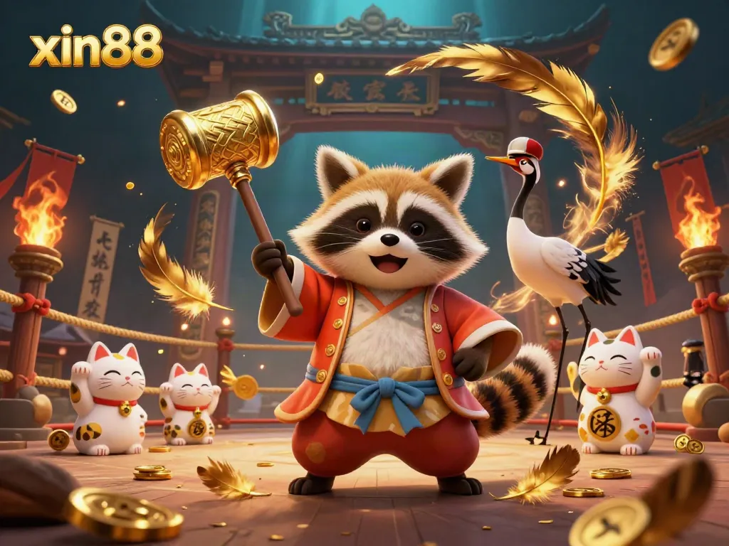 Engage with xin88 as a cheerful tanuki and crane celebrate fortune in a vibrant casino scene.