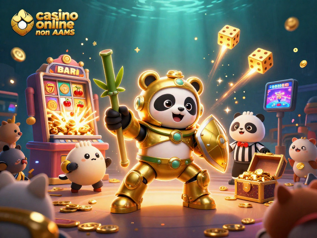 Un emozionante torneo nel casino online non AAMS con un panda dorato in un robot di bambù mentre gioca e vince.