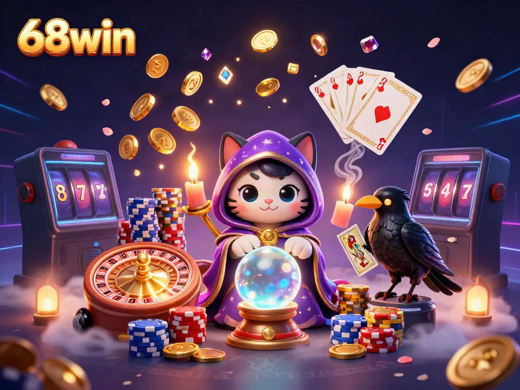 Experience thrilling wins at 68win with a vibrant 3D gaming scene showcasing roulette and coin cascades.
