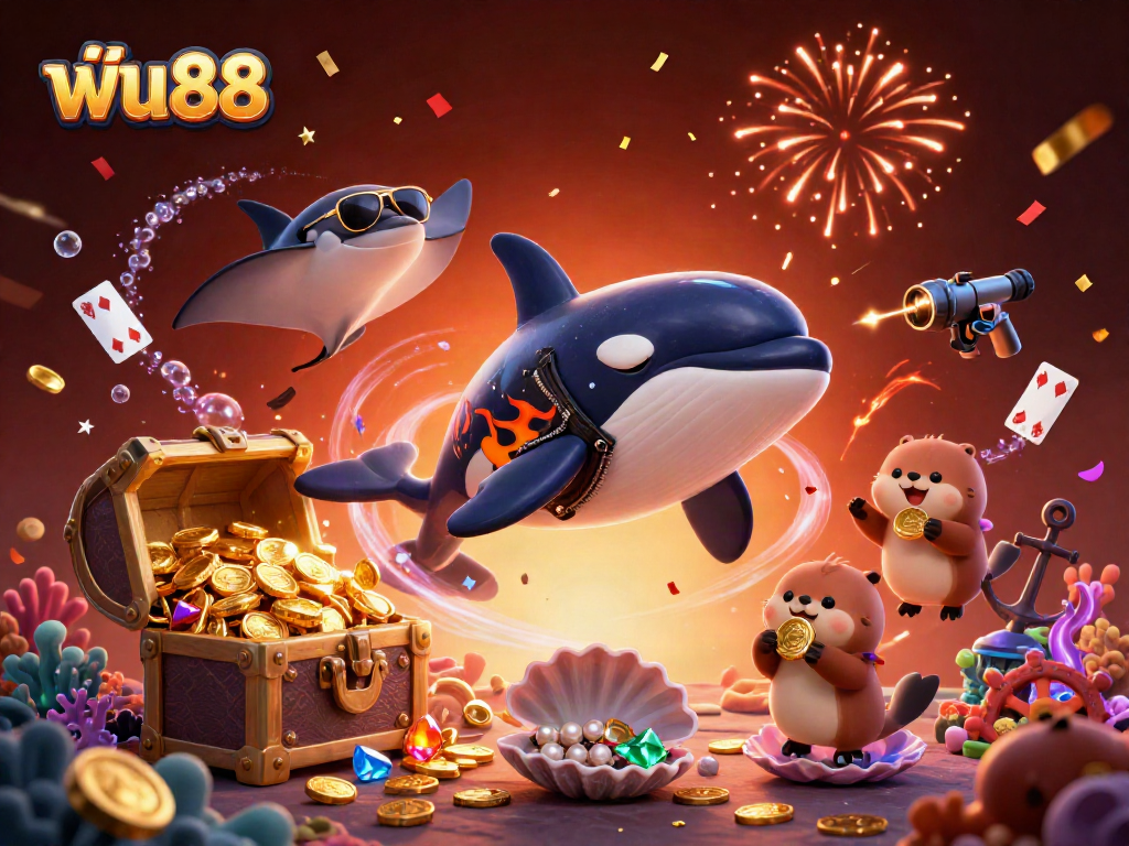 Experience the thrilling world of ฟัน88 with animated characters celebrating in a vibrant underwater casino.