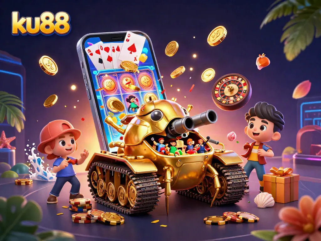 ku88 mascot celebrating wins with a casino tank featuring vibrant games and confetti