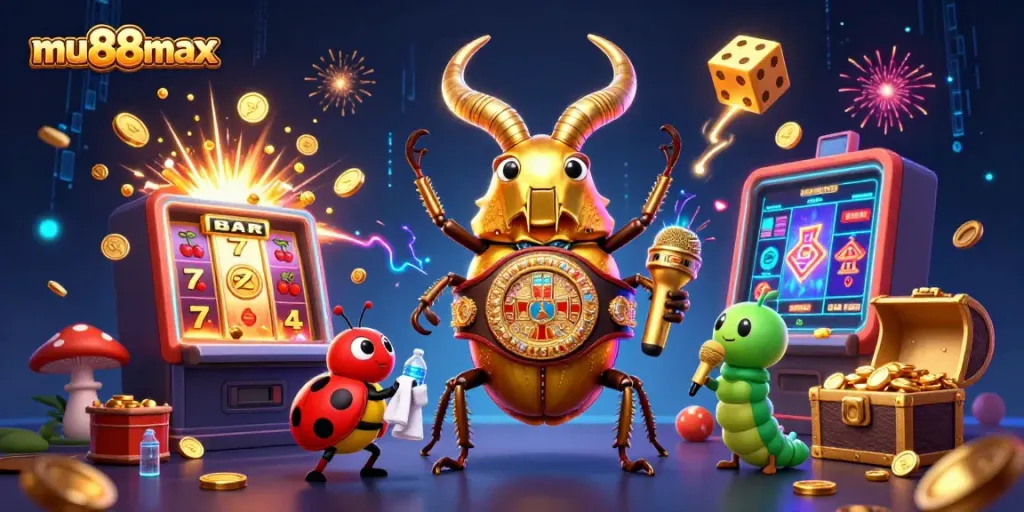Engage with mu88max as a giant stag beetle battles with a jackpot explosion in this vibrant 3D casino scene.