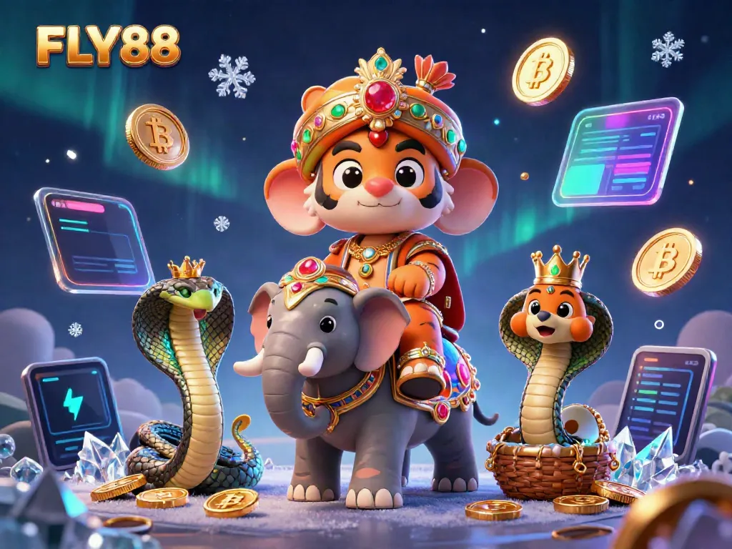 FLY88 presents a vibrant scene with a majestic tiger and elephant, highlighting thrilling casino and cryptocurrency elements.