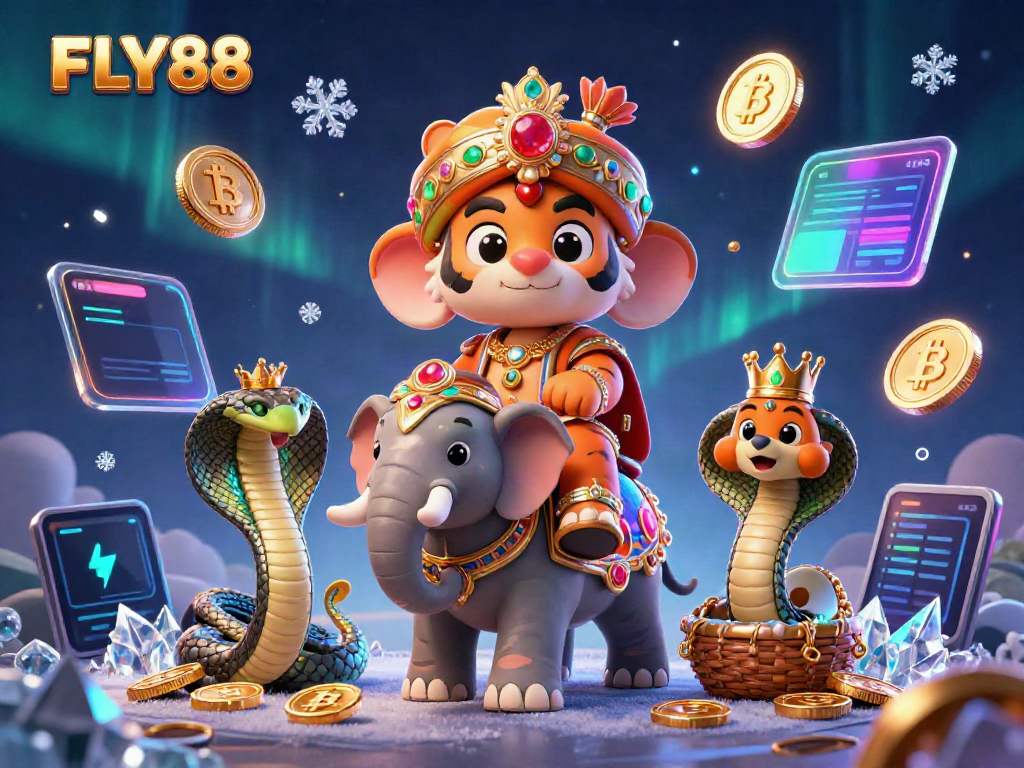 FLY88 presents a vibrant scene with a majestic tiger and elephant, highlighting thrilling casino and cryptocurrency elements.