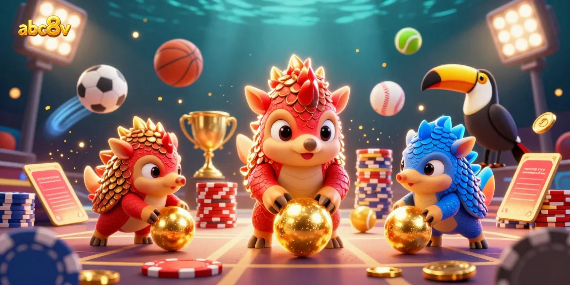 Experience the exciting gameplay at abc8v with rival pangolins bowling through poker chips, surrounded by sports elements.