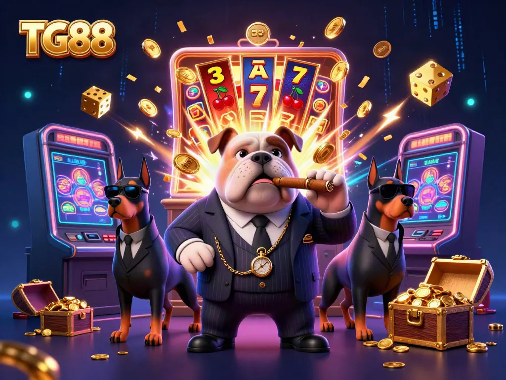 Experience the excitement of TG88 with a cartoon casino scene featuring a mafia boss bulldog and Doberman bodyguards.