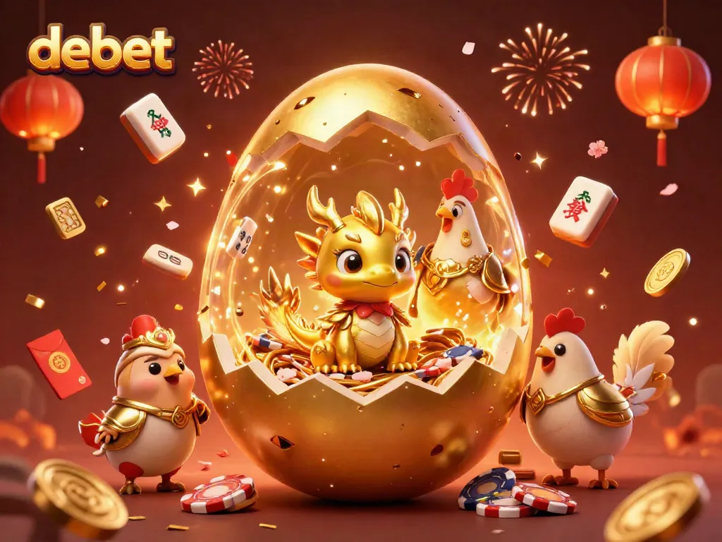 Experience debet with a dynamic illustration of a golden baby dragon and gambling elements in vibrant celebration.