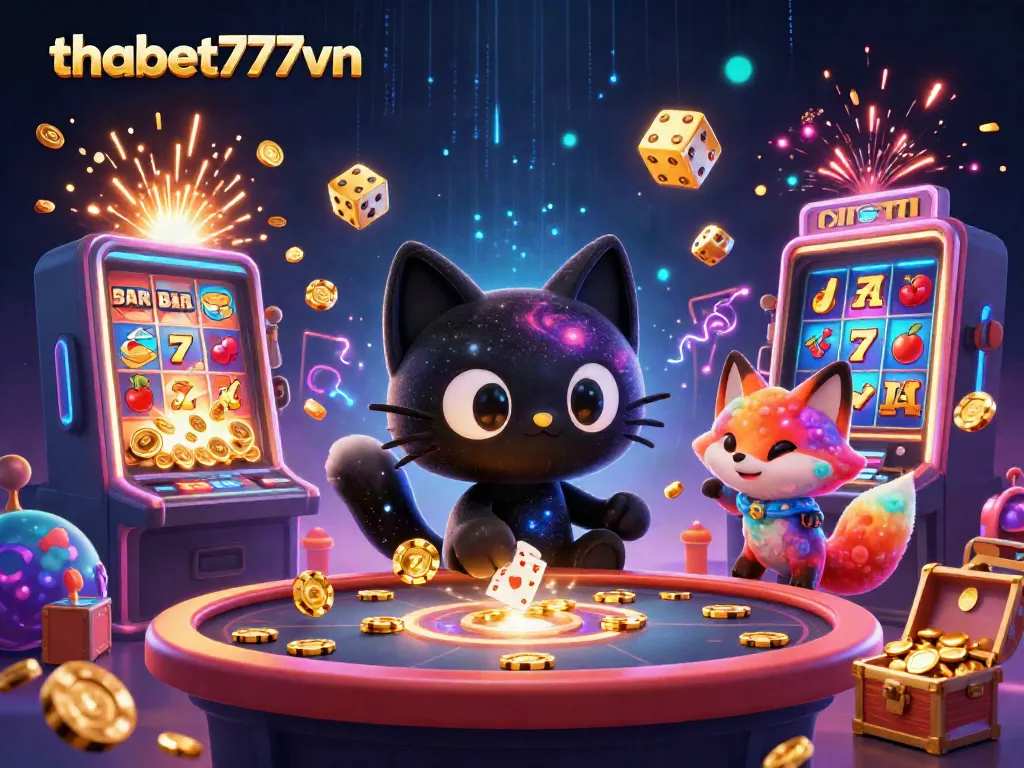 Experience exciting gameplay at thabet777vn with a captivating cosmic casino scene featuring a black hole cat and a nebula fox.