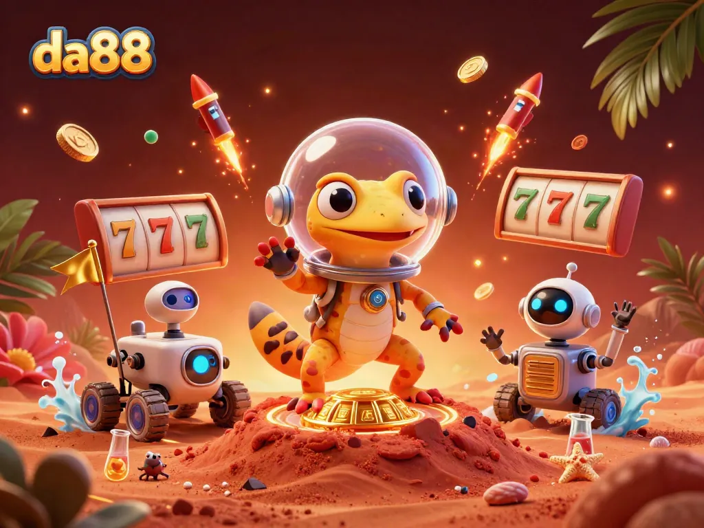 Experience the thrilling gameplay at da88 with a cartoon Martian gecko and a golden casino backdrop.