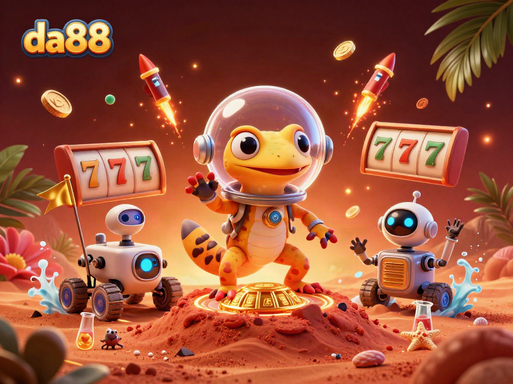 Experience the thrilling gameplay at da88 with a cartoon Martian gecko and a golden casino backdrop.