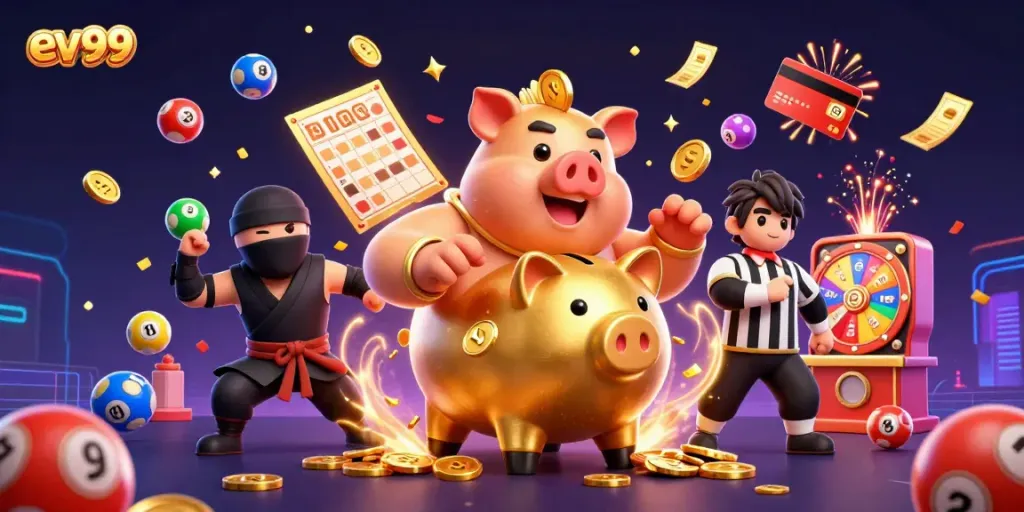 Play thrilling games at ev99 with giant piggy bank, colorful lottery balls, and exciting prizes!