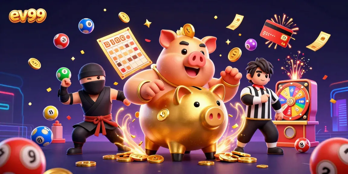 Play thrilling games at ev99 with giant piggy bank, colorful lottery balls, and exciting prizes!