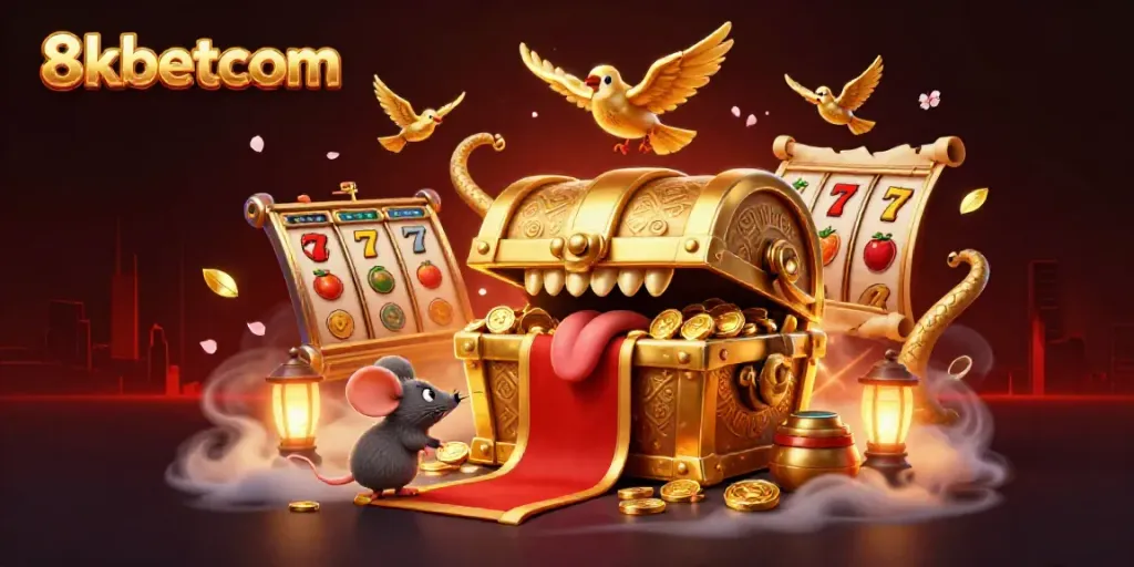 8kbetcom illustrates the thrilling allure of slots with a treasure chest luring mice amidst vibrant casino elements