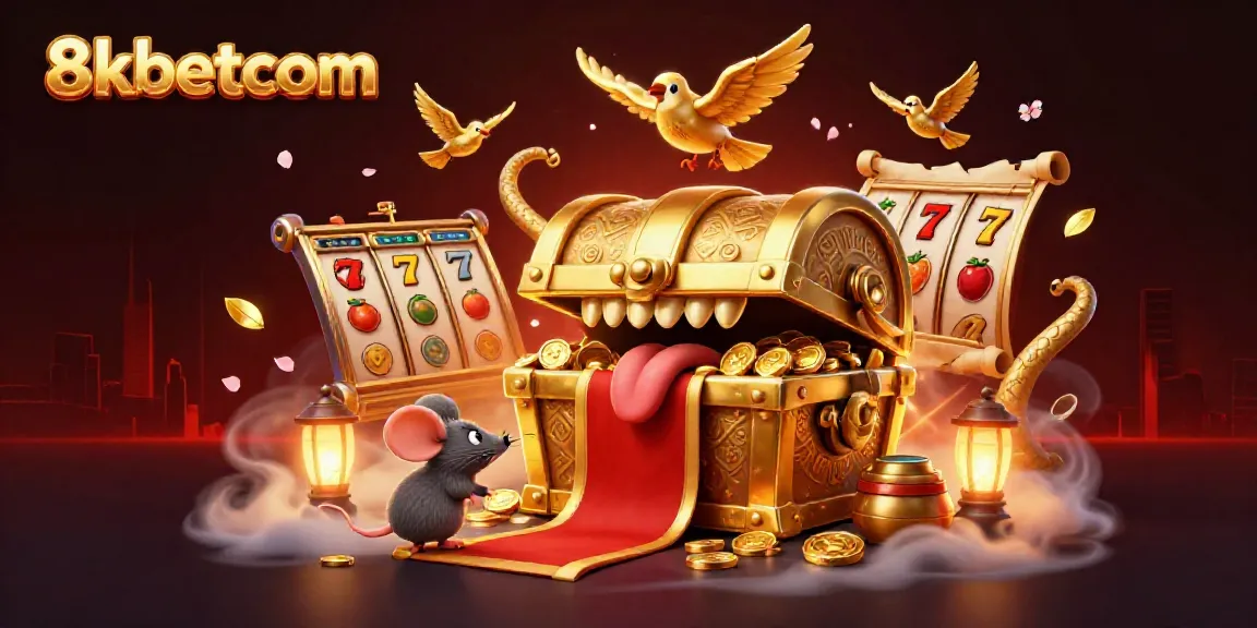 8kbetcom illustrates the thrilling allure of slots with a treasure chest luring mice amidst vibrant casino elements