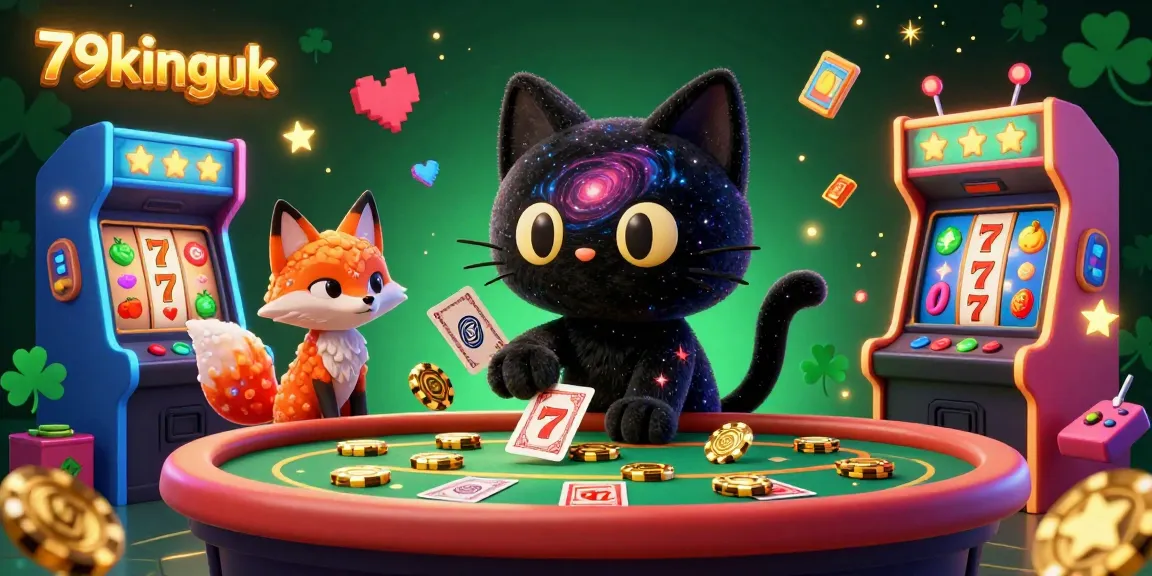 Experience the thrilling world of gambling with 79kinguk as a black hole cat pulls in golden chips amidst vibrant game elements.