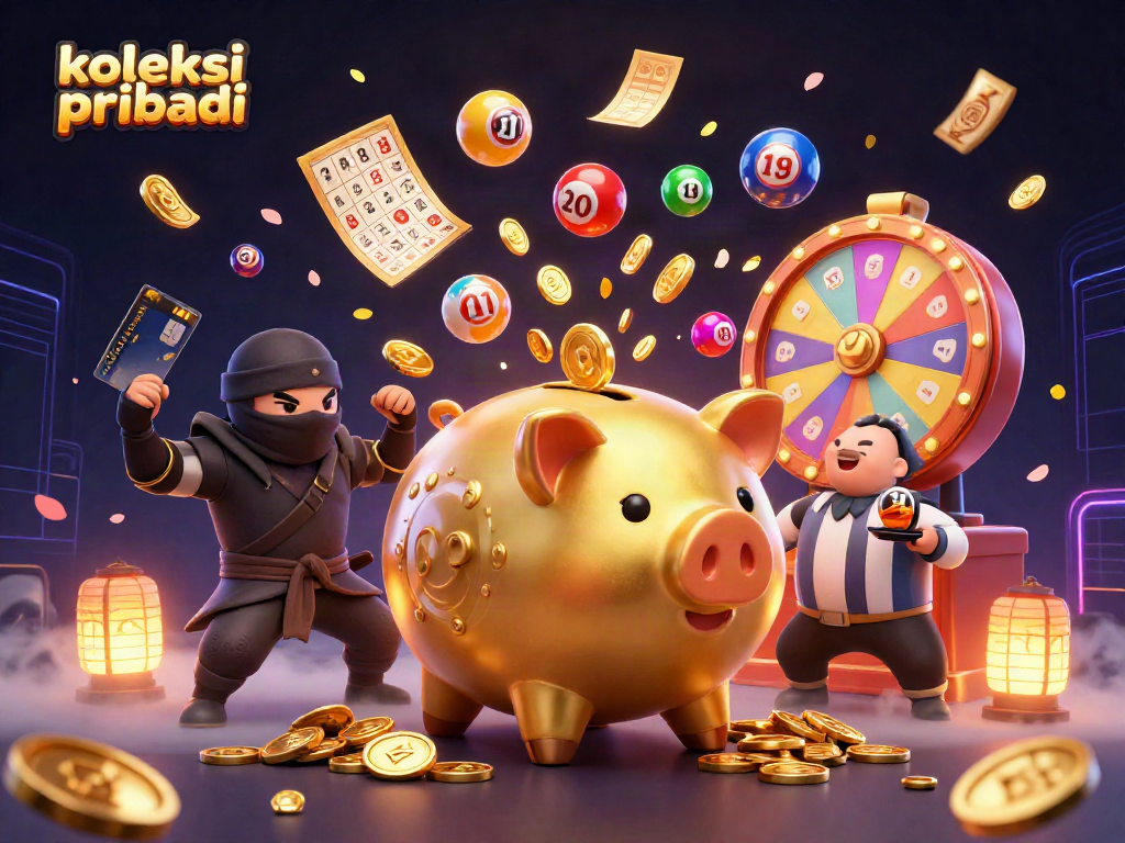 Koleksi pribadi showcases a golden piggy bank wrestler amidst vibrant lottery elements and golden coins.