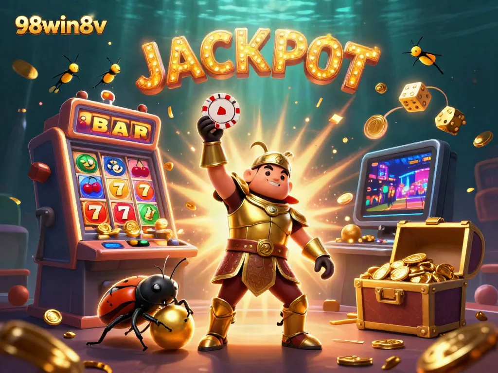 Join the excitement at 98win8v with vibrant cartoon characters celebrating a jackpot in a dazzling casino scene.