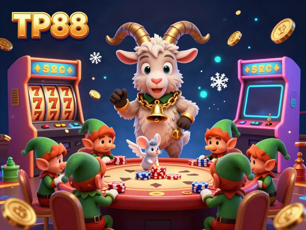 Experience the thrilling atmosphere at TP88 casino with a festive Krampus and angel mouse keeping order.