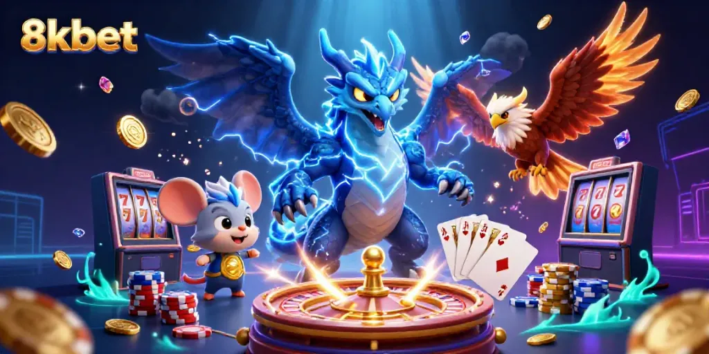 Bet big with 8kbet in a vibrant casino scene featuring dynamic characters and game elements.