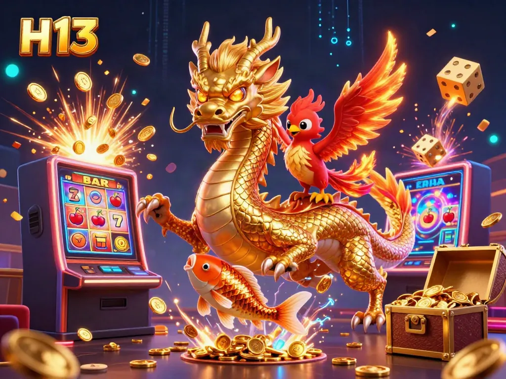 Experience the thrill of winning with H 13 on this vibrant casino-themed illustration showcasing a dragon, phoenix, and koi fish.