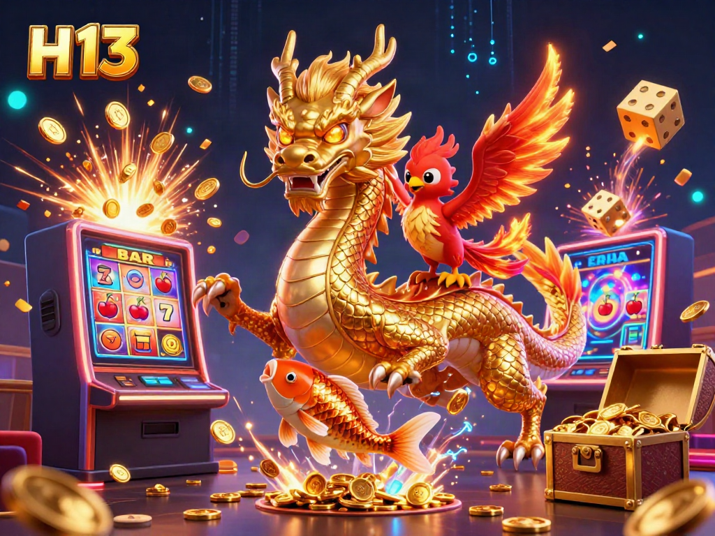 Experience the thrill of winning with H 13 on this vibrant casino-themed illustration showcasing a dragon, phoenix, and koi fish.
