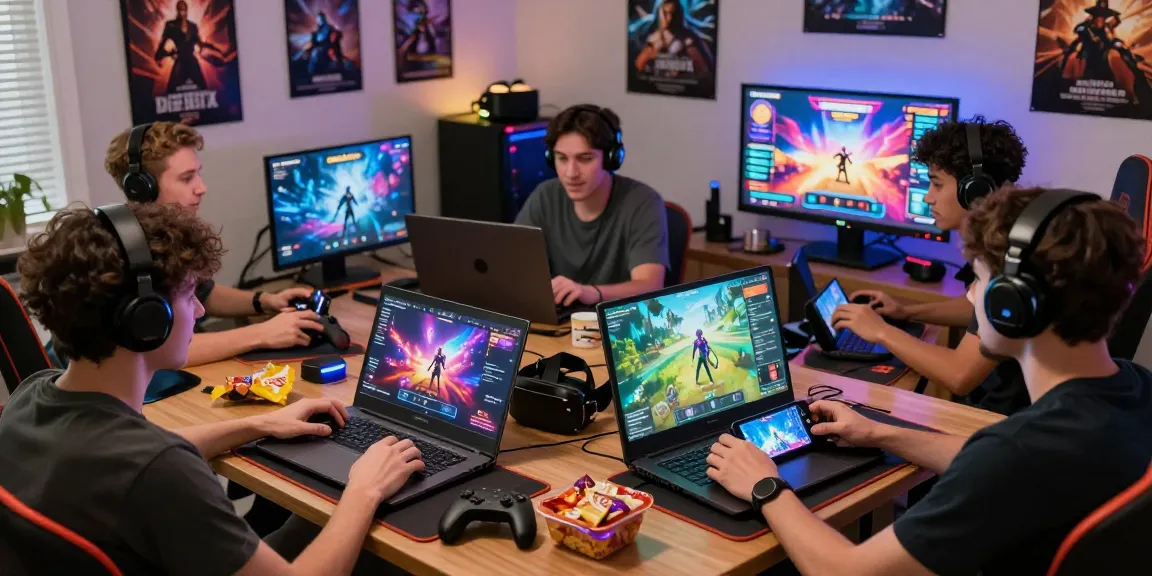 Diverse players enjoying porn ganes in a cozy gaming room, featuring laptops and vibrant screens.