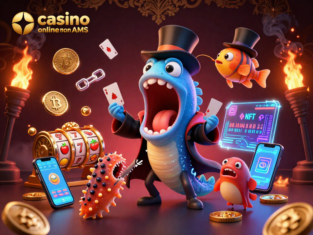 Illustrazione 3D vivace di un casino online non AAMS con creature marine, giochi e effetti luminosi.