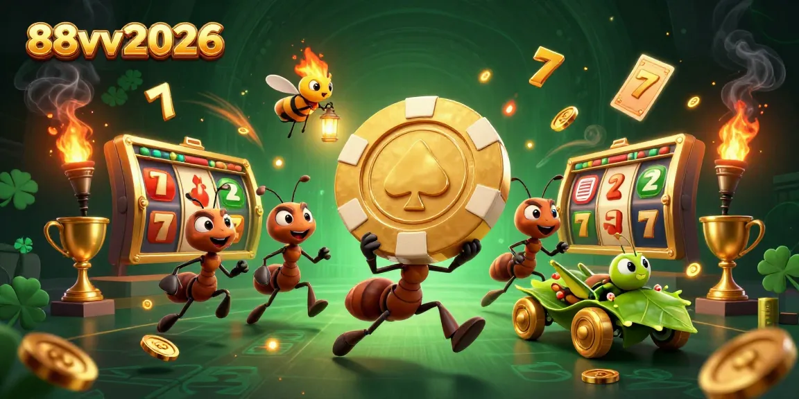 Spin to win with 88vv2026 as ants carry a giant poker chip through a vibrant casino heist.